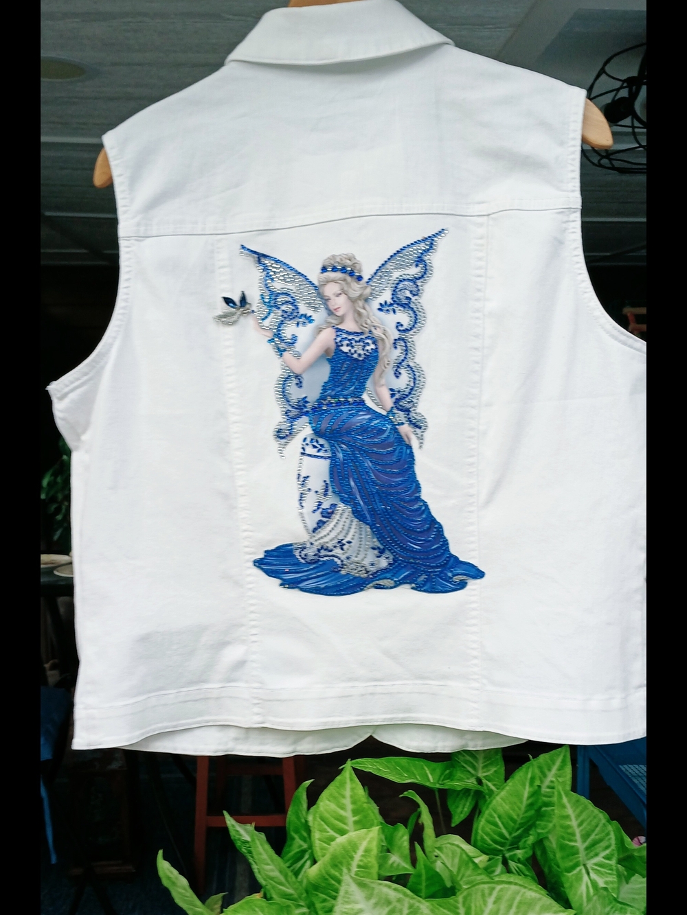 White Sleeveless Jacket with Blue Embroidered Fairy Back Motif